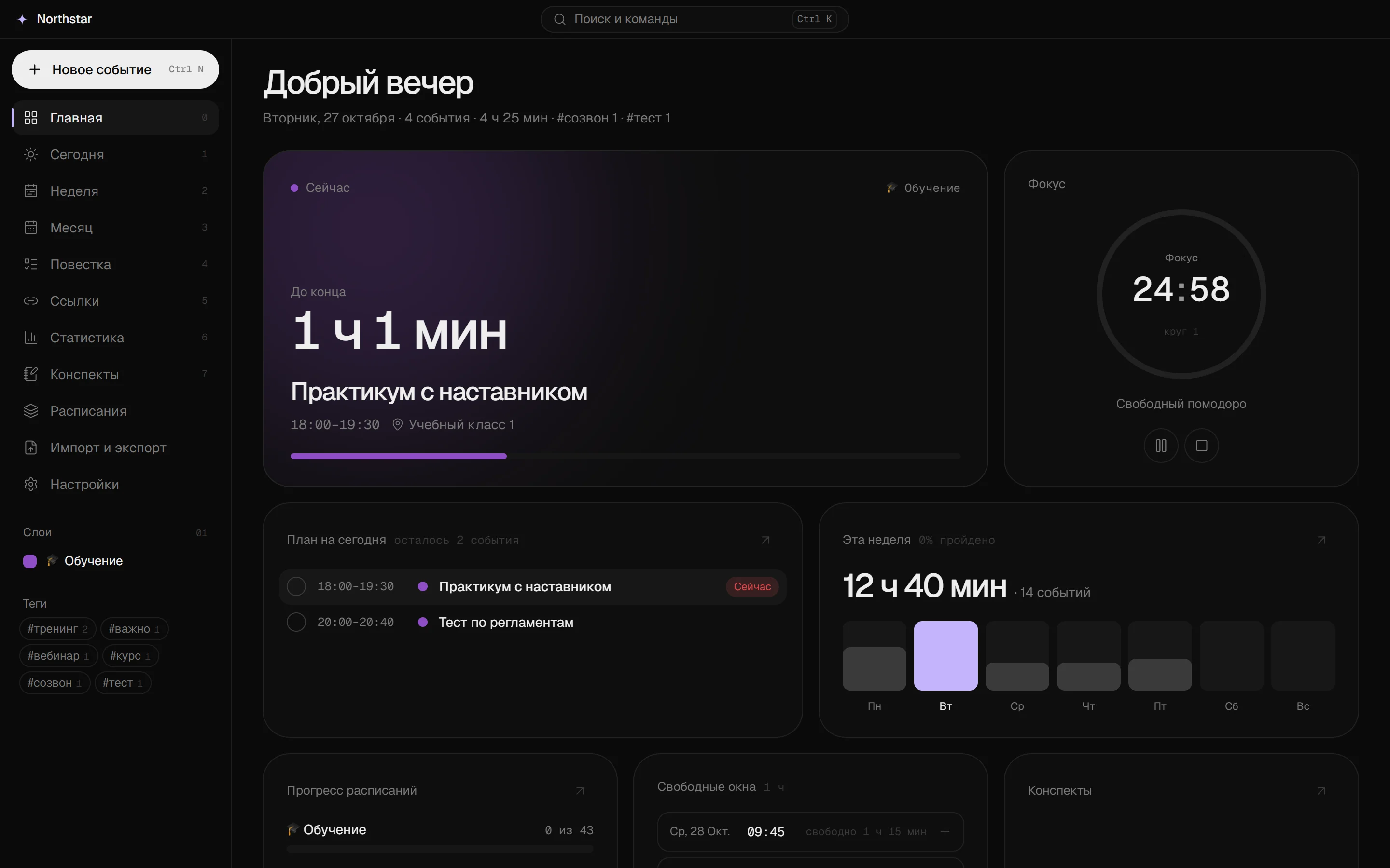 Главный экран Northstar: текущее занятие, фокус-таймер, план дня и неделя